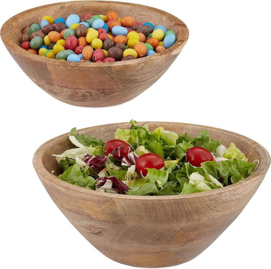 Houten saladeschaal set van 2 mangohout Ø 23 en 29 cm ronde serveerschalen voor snacks fruitschaal bruin Wooden Spoons