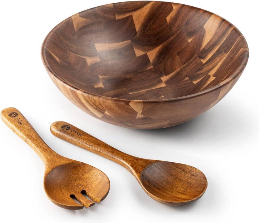 Houten Saladeschaal Set van Acaciahout Grote Salade Mengkom met Opscheplepels 3-Delig Grote Saladeschaal Set D30 x 10 cm