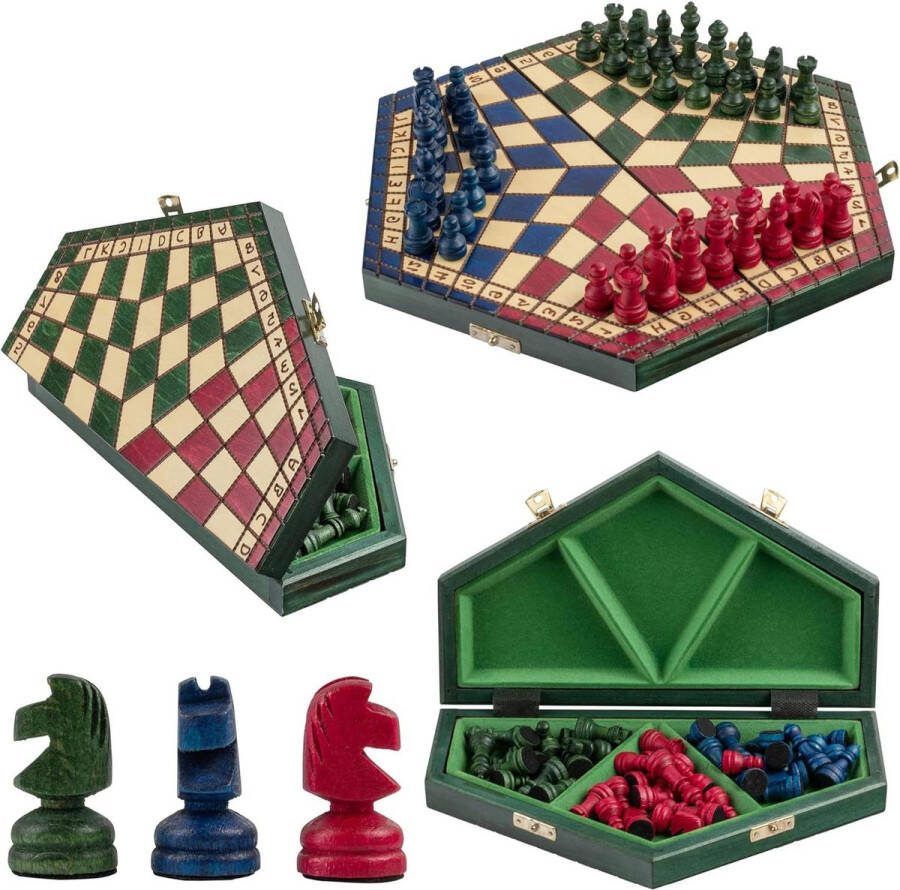Houten Schaakbord 3 Personen 28 x 33 cm Handgemaakt Opvouwbaar Reisschaakspel Klein Schaakspel voor Kinderen en Volwassenen