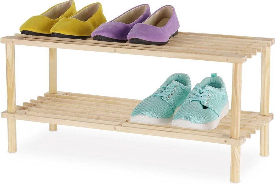 Houten schoenenrek voor 2 verdiepingen opbergrek voor 4 paar schoenen 29.5 x 63 x 26 cm natuur