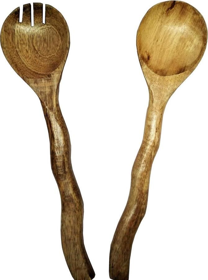 Houten Serveerlepel & Vork Set 'Windy Wood' Handgemaakt Vintage Servies- Keuken Decoratieve Accent (11630) Wooden Spoons