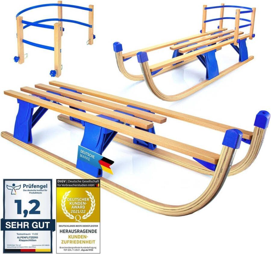 Houten slee met rugleuning 110 cm Davos slee Opvouwbare kinderslee; Premium houten slee van beukenhout opvouwbare slee