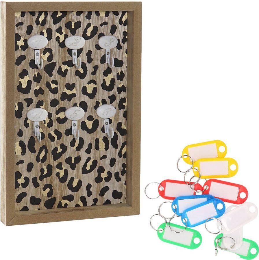 Merkloos Houten sleutelkastje met 10x stuks sleutellabels luipaard print Sleutelkluisjes