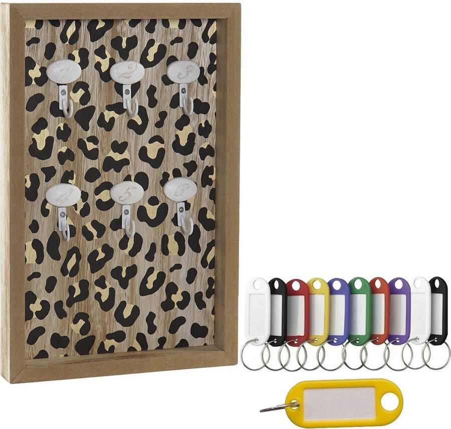 Merkloos Houten sleutelkastje met 10x stuks sleutellabels luipaard print Sleutelkluisjes
