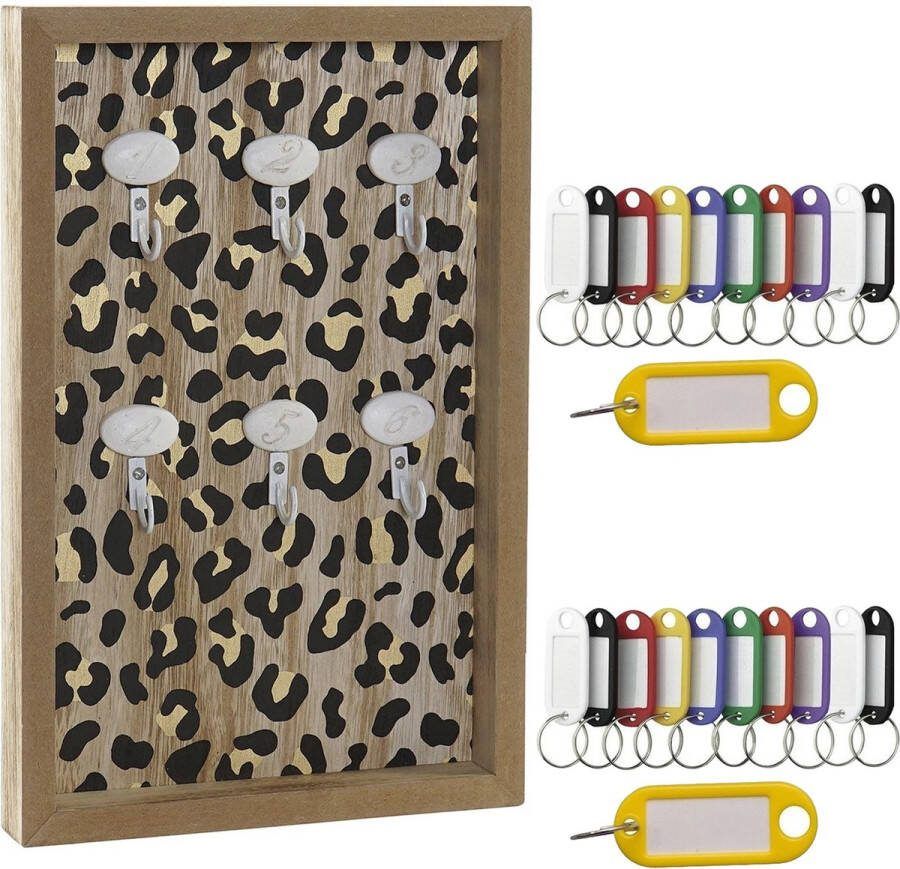 Merkloos Houten sleutelkastje met 20x stuks sleutellabels luipaard print Sleutelkluisjes
