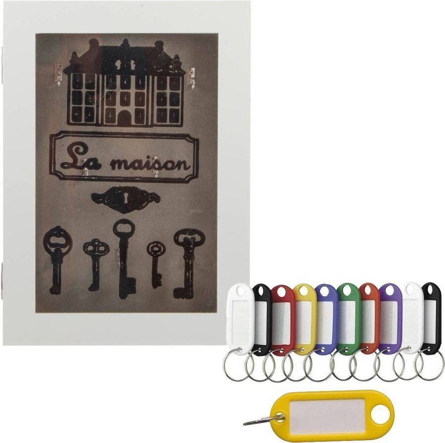 Merkloos Houten sleutelkastje met 10x stuks sleutellabels wit La Maison Sleutelkluisjes