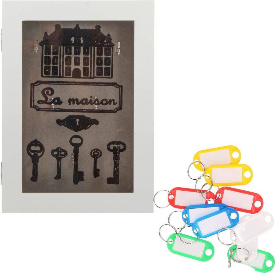 Merkloos Houten sleutelkastje met 10x stuks sleutellabels wit La Maison Sleutelkluisjes