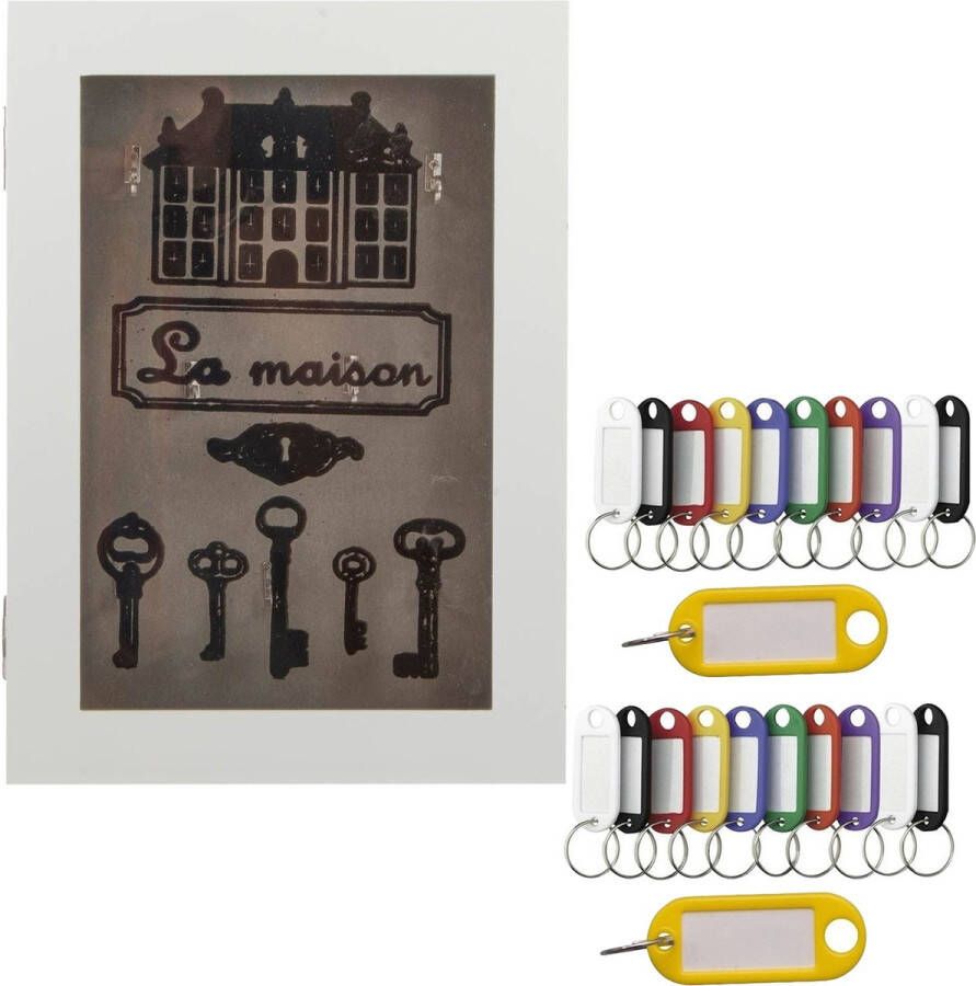 Merkloos Houten sleutelkastje met 20x stuks sleutellabels wit La Maison Sleutelkluisjes