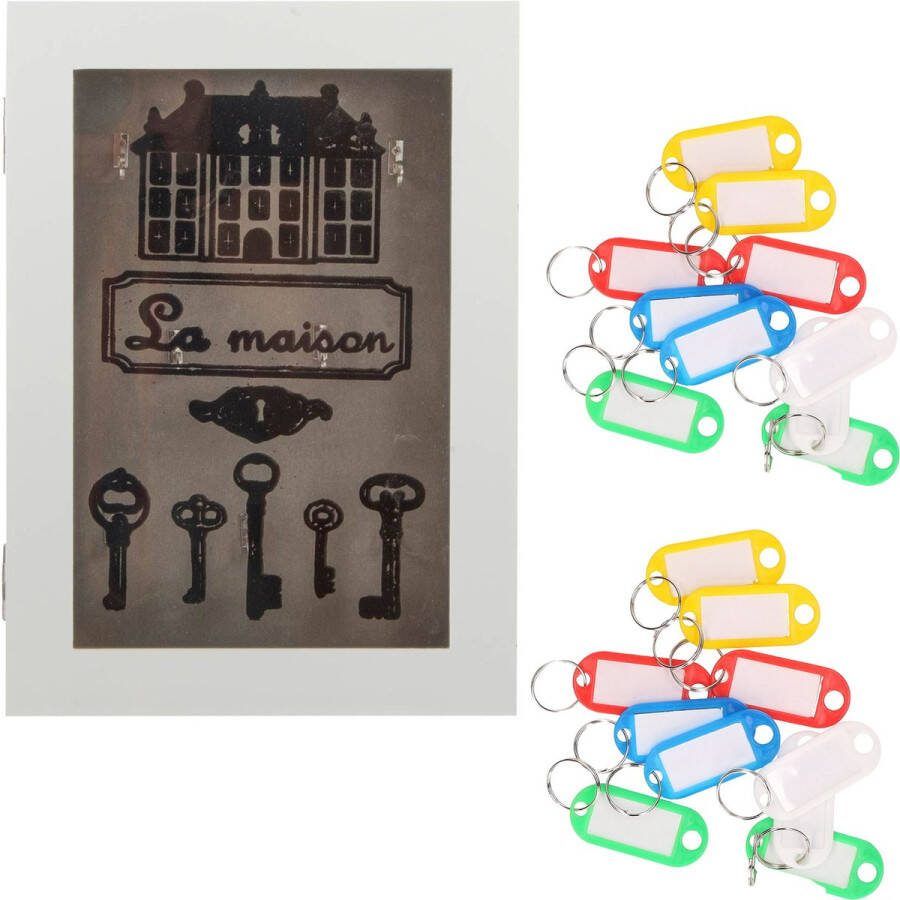 Merkloos Houten sleutelkastje met 20x stuks sleutellabels wit La Maison Sleutelkluisjes