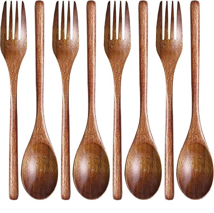 Houten Soeplepels en Vorken 6 stuks Japanse Stijl Houten Bestek Herbruikbaar Houten Keukengerei voor Camping en Outdoor Houten Lepel voor Keuken Koken Diner Wooden Spoons