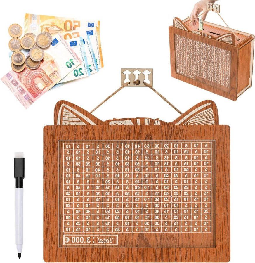 Houten spaarpot met cijfers Herbruikbare acrylplaat Geldbox met spaardoel Kinderen en volwassenen Spaarpot doel (€ 1000) spaarpot volwassenen