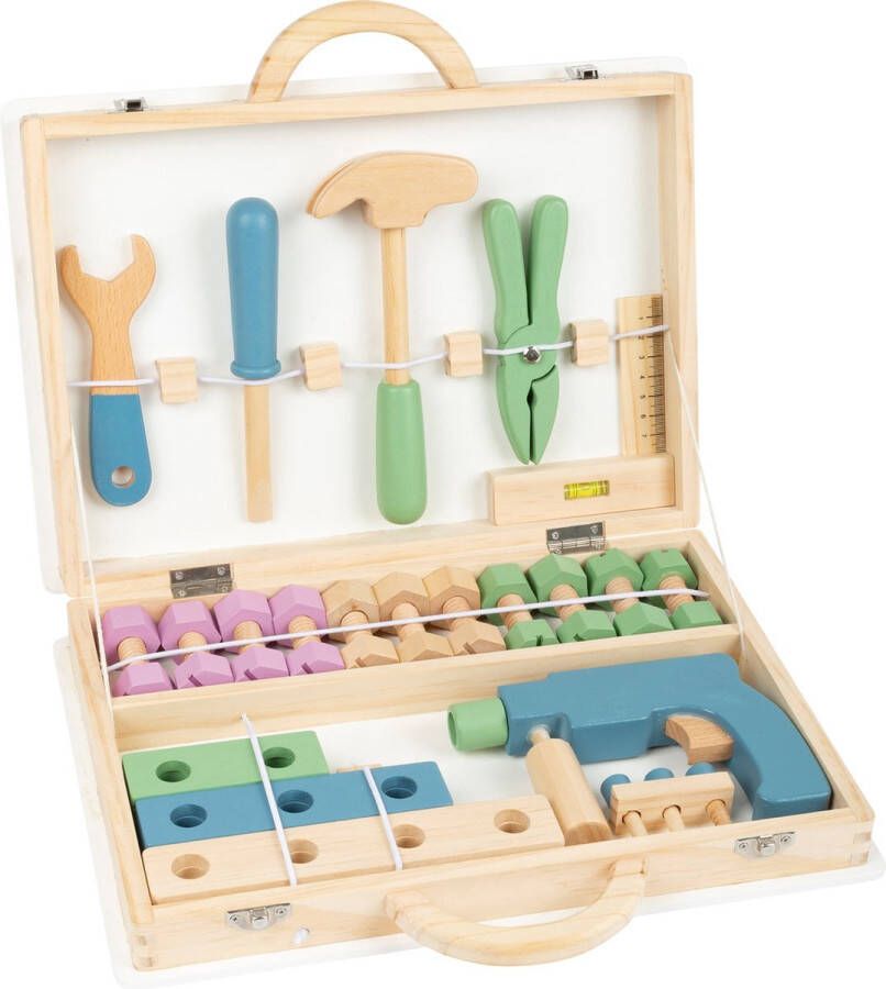 Houten speelgoed gereedschapskist kist koffer met gereedschap van hout pastel