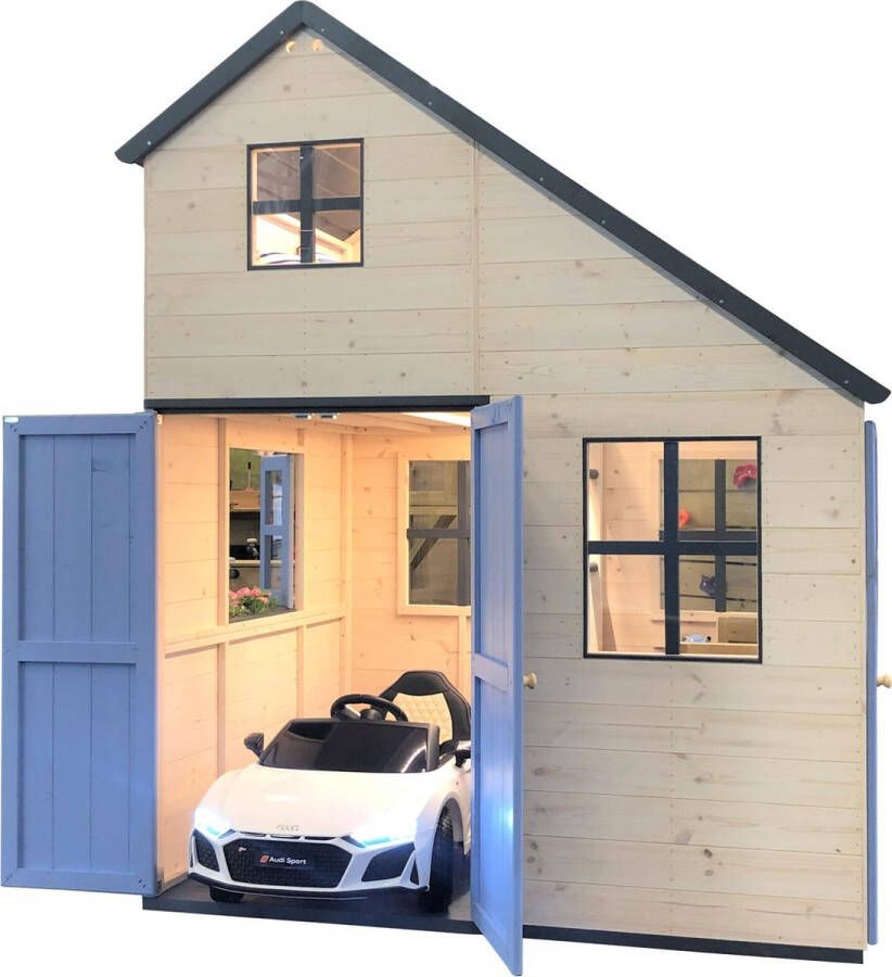 Houten speelhuis -Villa met 2 verdiepingen Blauw Met garage en slaapplek Huisje voor buiten tuin FSC hout Voor kinderen XXL 155 x 200 cm EU product