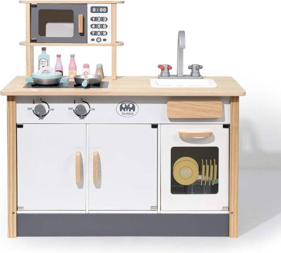 Houten speelkeuken met magnetron gootsteen en accessoires voor kinderen vanaf 3 jaar