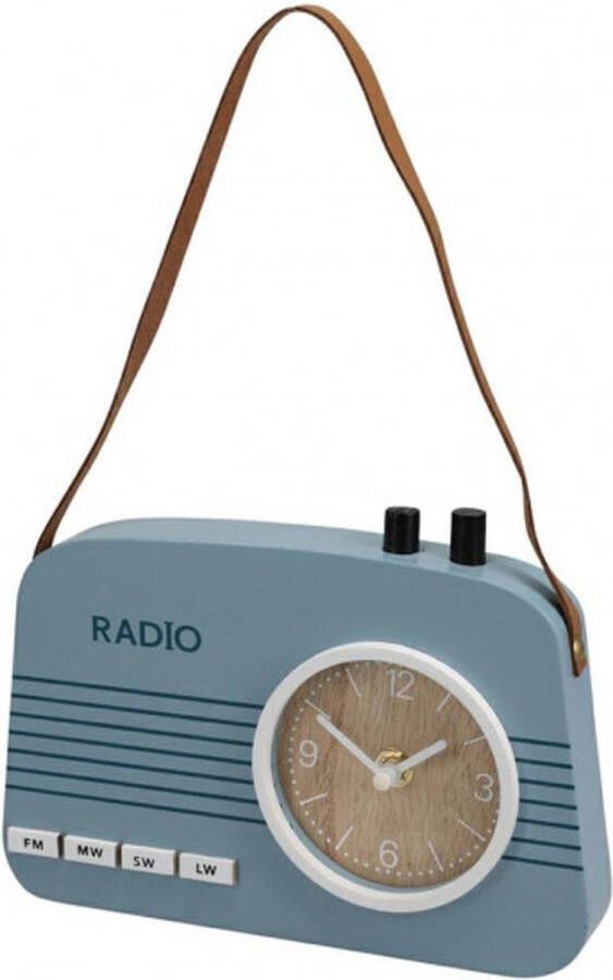 Houten tafelklok in de vorm van een radio. Kleur blauw