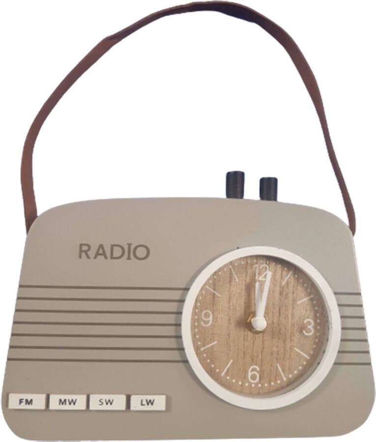 Houten tafelklok in de vorm van een radio. Kleur Grijs