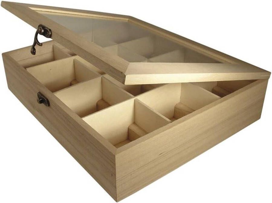 Houten theedoos met 12 vakken voor het opbergen van theezakjes DIY theedoos voor koffiepads specerijen kruiden Decoratieve opbergdoos 285 x 235 x 7 cm beige Theedoos
