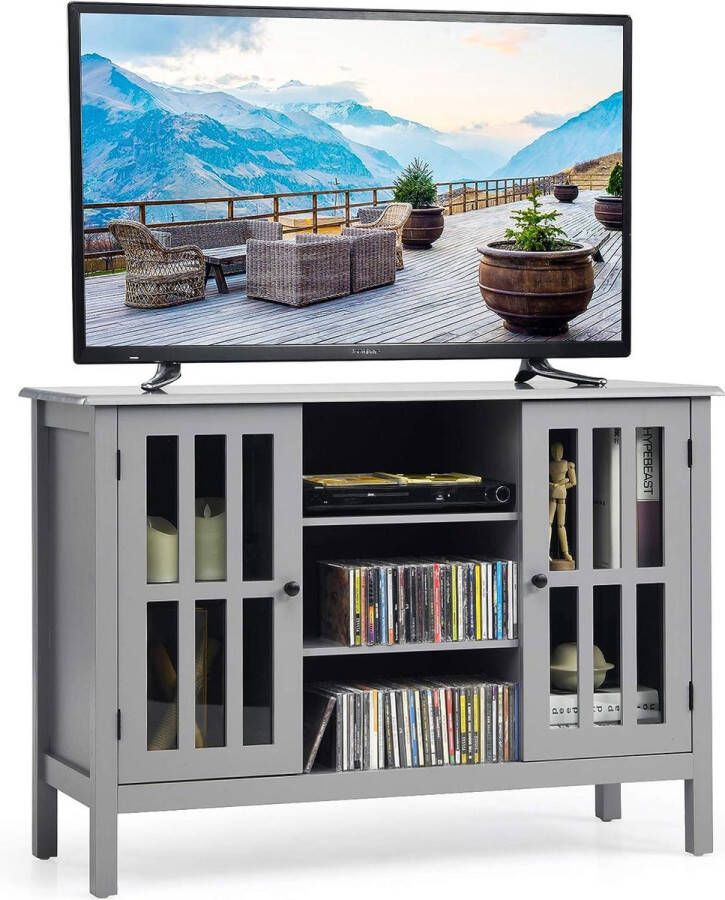 Houten TV-meubel lowboard voor TV's tot 50 TV-plank entertainment centrum met 2 deuren en 3 planken woonkamer media console tafel (Grijs)