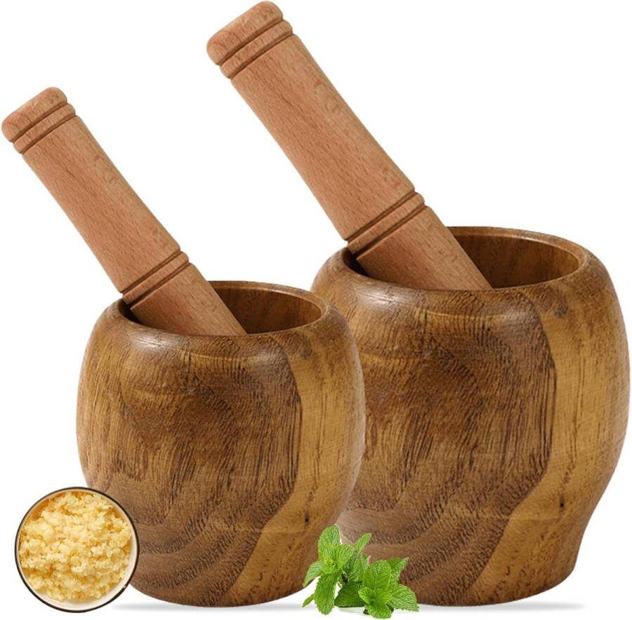 Houten vijzel met stamper Set van 2 maten Ø 85 cm en Ø 95 cm Mortar en pestle voor kruiden Keukenessentieel