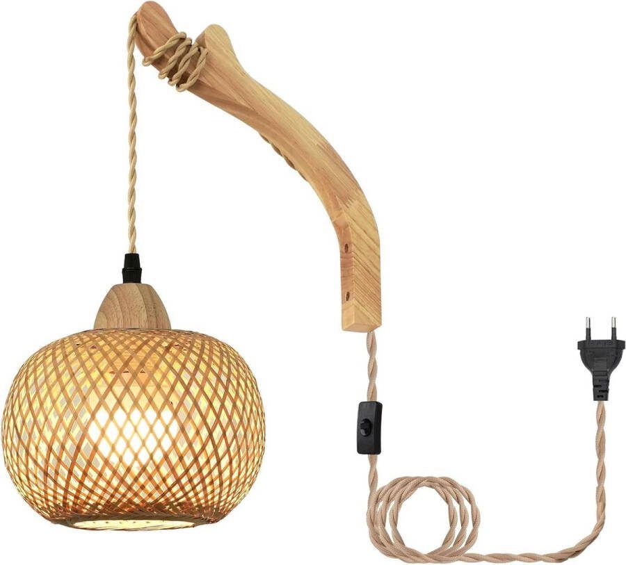 Houten wandlamp met schakelaar en stekker Boho lampenkap rotan 300 cm kabel E27 slaapkamer woonkamer hal (zonder gloeilamp)