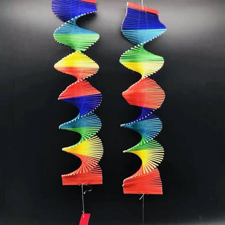 Houten windspinner regenboog -windspiraal -Tuindecoratie set van 2 hangend windspel 70x12cm