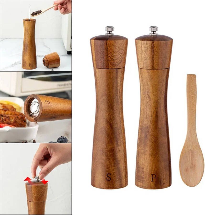 Houten Zout en Pepermolen Set Handmatige Houten Zoutmolen Pepermolen Zoutmolen Precisie Navulbaar Fijn tot Grof 8.5 Inch