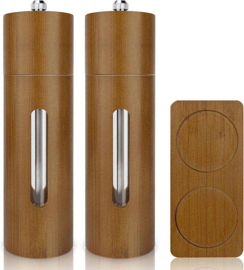 Houten zout- en pepermolen set van 2 instelbare grofheid keramisch maalwerk inclusief onderzetter grinder voor zout peper chilipepers
