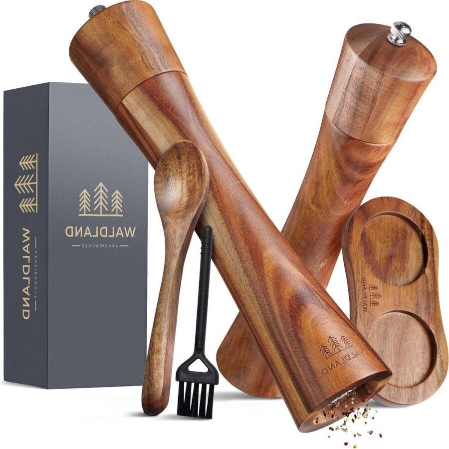 Houten zoutmolen en pepermolen met schotel 21 cm groot hoogwaardige keramische molen peper en zout set