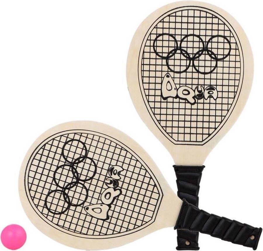 Houtkleurige beachball set met tennisracketprint buitenspeelgoed Houten beachballset Rackets batjes en bal Tennis ballenspel
