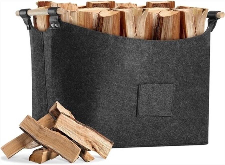 Houtmand voor haardhout 60 liter mand voor brandhout brandhoutmand opslag binnen opvouwbare vilten mand voor hout opvouwbaar transport en opslag (donkergrijs)