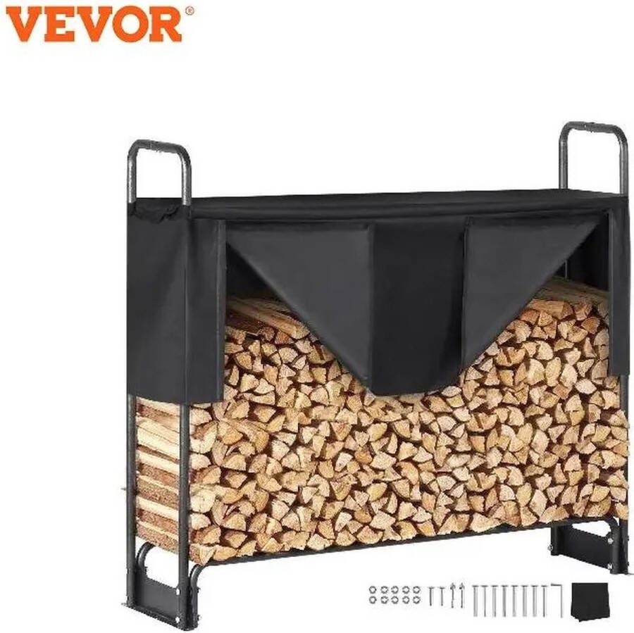 Houtrek Brandhoutrek Haardhoutrek -Metaal 132 x 36 x 117 CM Maat S Frame Gepoedercoat Waterdichte Hoes Laadgewicht 200 KG Zwart