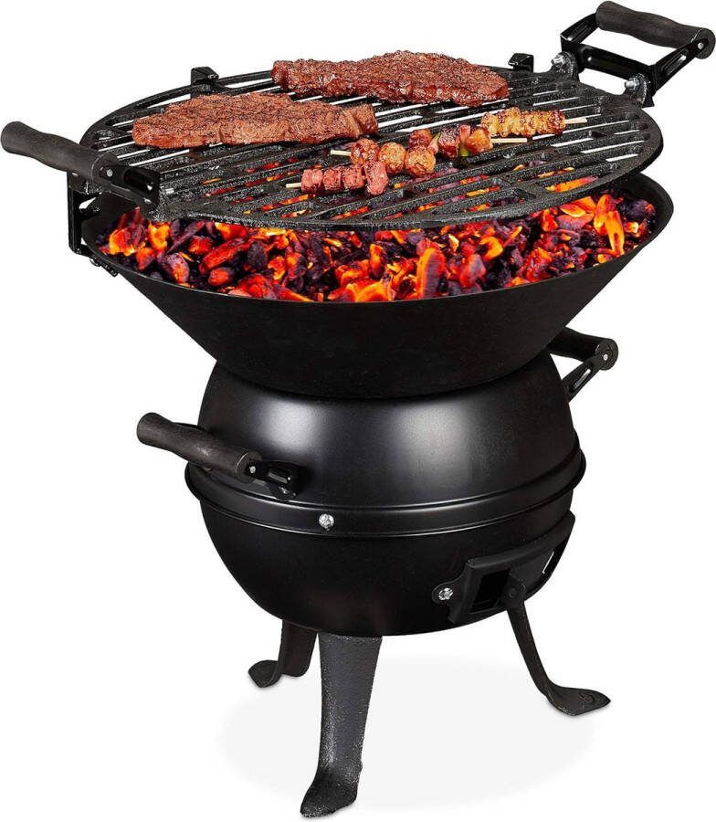 Houtskool barbecue gietijzer en staal hoogte verstelbaar draagbaar bbq compact rooster Ø 35 cm zwart