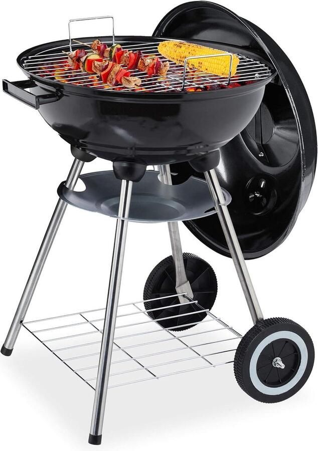 Houtskool BBQ met deksel en as opvangschaal Tuin & camping grill ∅ 40 cm Zwarte houtskoolbarbecue met plateau Barbecue