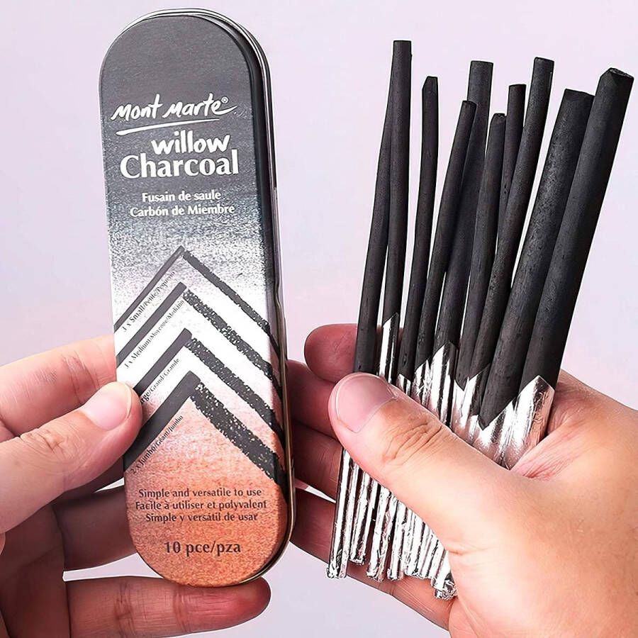 Houtskool Potloden Set 10 stuks in verschillende maten Zwarte Houtskool Potloden voor Tekenen Ideale Tekenpotloden in Aluminium Etui Schetspotloden perfect voor indrukwekkende Tekeningen