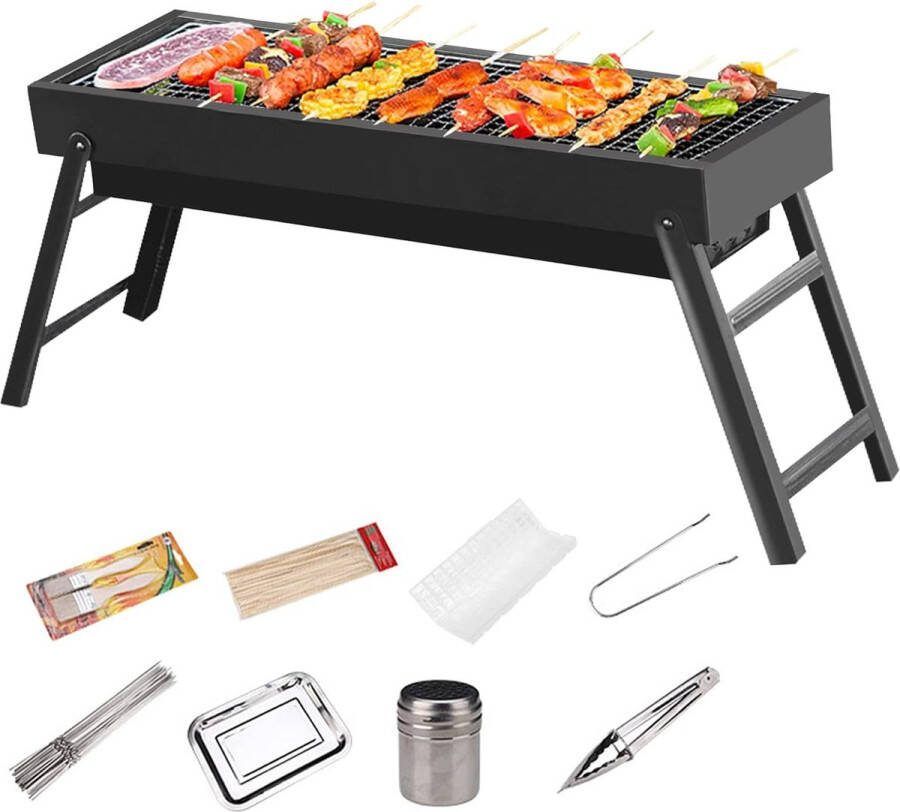 Houtskoolbarbecue campinggrill houtskool inklapbare grill draagbare grill 60 x 23 x 34 cm met 8 stuks set BBQ-accessoires pakket voor 5-8 personen voor camping tuin picknick feest