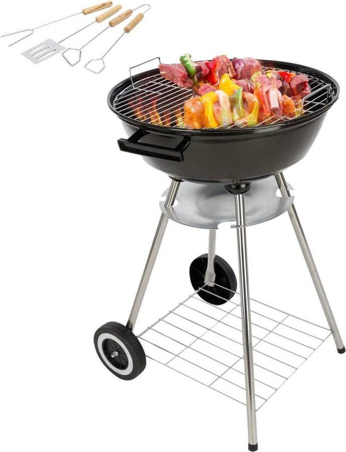 Houtskoolgrill met Accessoires 50cm x 49cm x 73cm Zwart Zilver Inclusief Grillrooster Barbecue