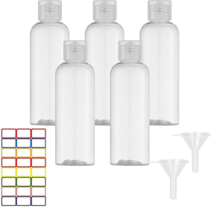 HTML 5 Pack 100 ml Plastic Reisflessen met Trechters en Labels Transparant Hervulbaar Cosmetische Flessen voor Reistoiletartikelen reisflesjes 100ml