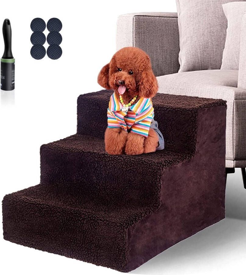 Huisdiertrap met 3 treden Hondentrap voor Kleine Honden met Antislip en Afneembare Overtrek Dog steps voor Slaapbed met 1 Pluisrollen