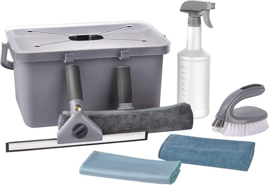 Huishoudelijke schoonmaakset set van 7 1 raamwisser 1 microvezel ruitenwasser 1 reinigingsborstel 1 spuitfles 2 microvezeldoeken 1 opbergdoos