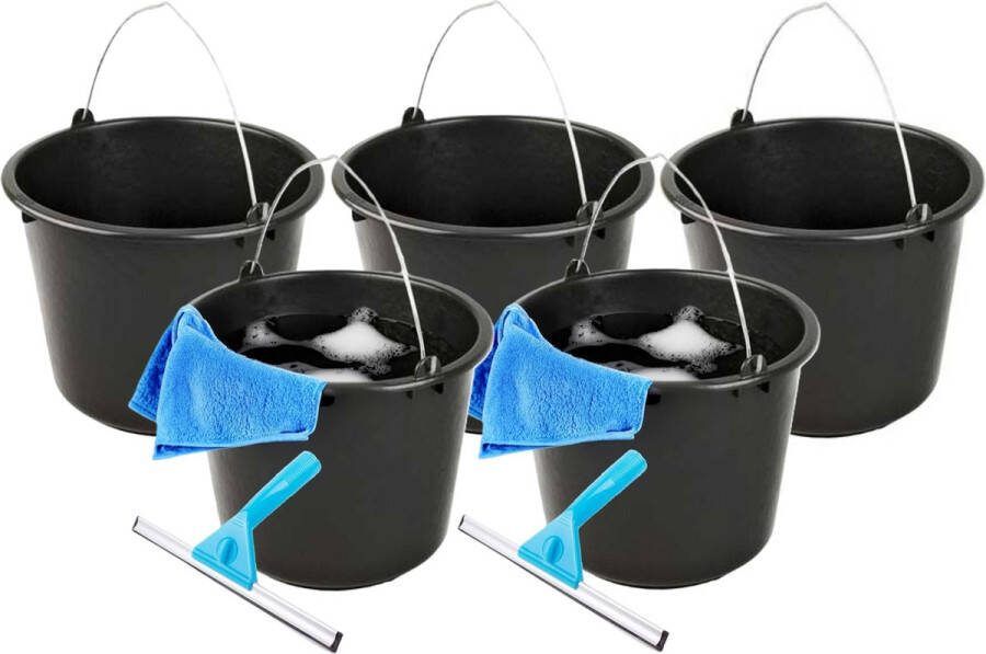 Huishoudemmer met hengsel 5x zwart 12 liter schoonmaak emmer auto wassen