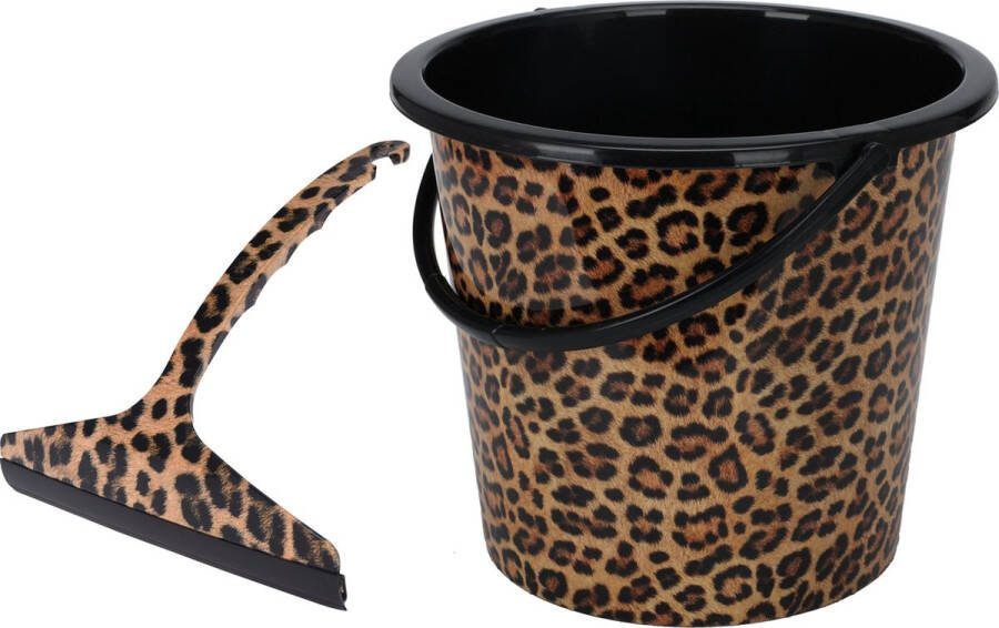 Huishoud schoonmaak set sop emmer en ramen wisser luipaard panter print multifuctioneel