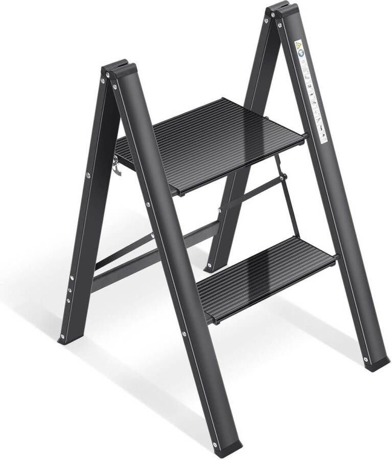 Huishoudtrap 2 Treden Aluminium Vouwladder Draagbare Slanke Vouwtrap met Breed Antislippedaa Opstapje Inklapbaar Opvouwbaar Trapje voor Thuis Keuken Kantoor Zwart