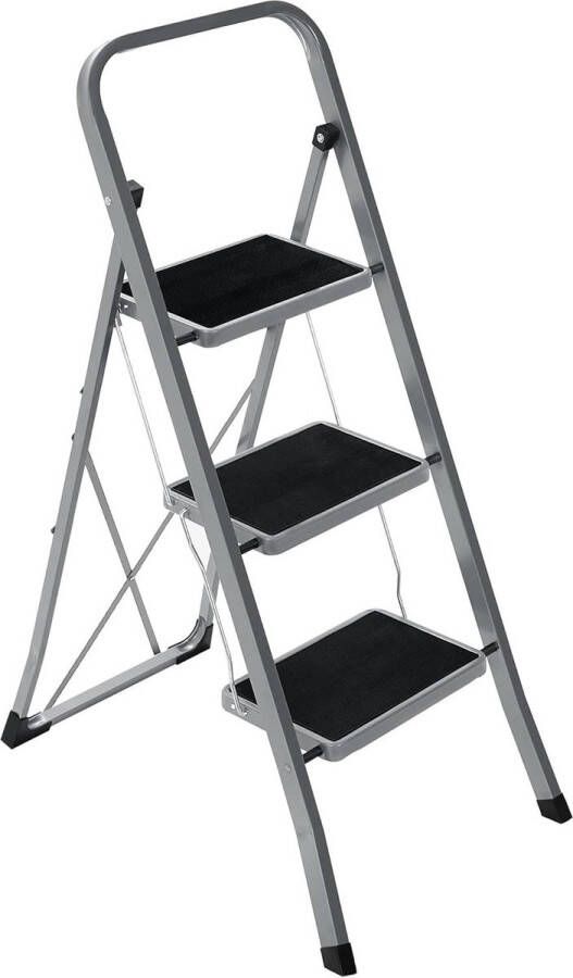 Huishoudtrap 3-sporten vouwladder sportbreedte 20 cm antislip rubber handvat draagvermogen 150 kg staal grijs zwart GSL003GY01