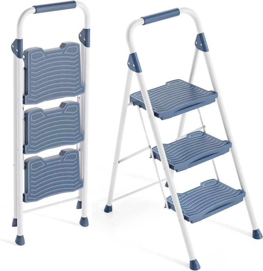 Huishoudtrap 3-traps ladder stevige opstapkruk met leuning brede antislip pedalen opvouwbare opstapkruk voor thuis garage tuin blauw
