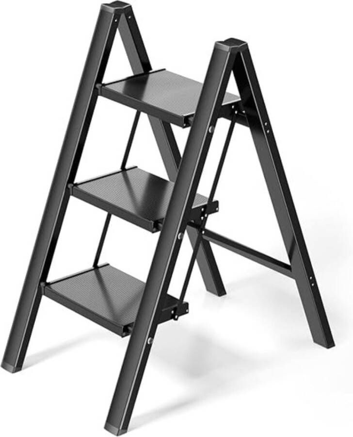 Huishoudtrap 3 Treden Keukentrap 3 Treden Keukentrapje Opvouwbaar Trapladder 150 KG Draagvermogen Antislip Hoogwaardig Materiaal Ultralicht