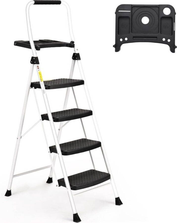 Huishoudtrap 4 Treden Keukentrapje Basic Inklapbaar Keukentrap Anti-slip – Trapladder Opstapje – Vouwladder Belastbaar tot 220 kg – Ladders Keukentrap