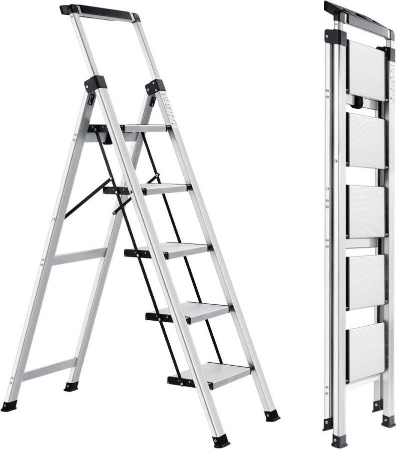 Huishoudtrap 5 treden aluminium trapladder met leuning gereedschapsbak antislip compact lichtgewicht 150kg belastbaar