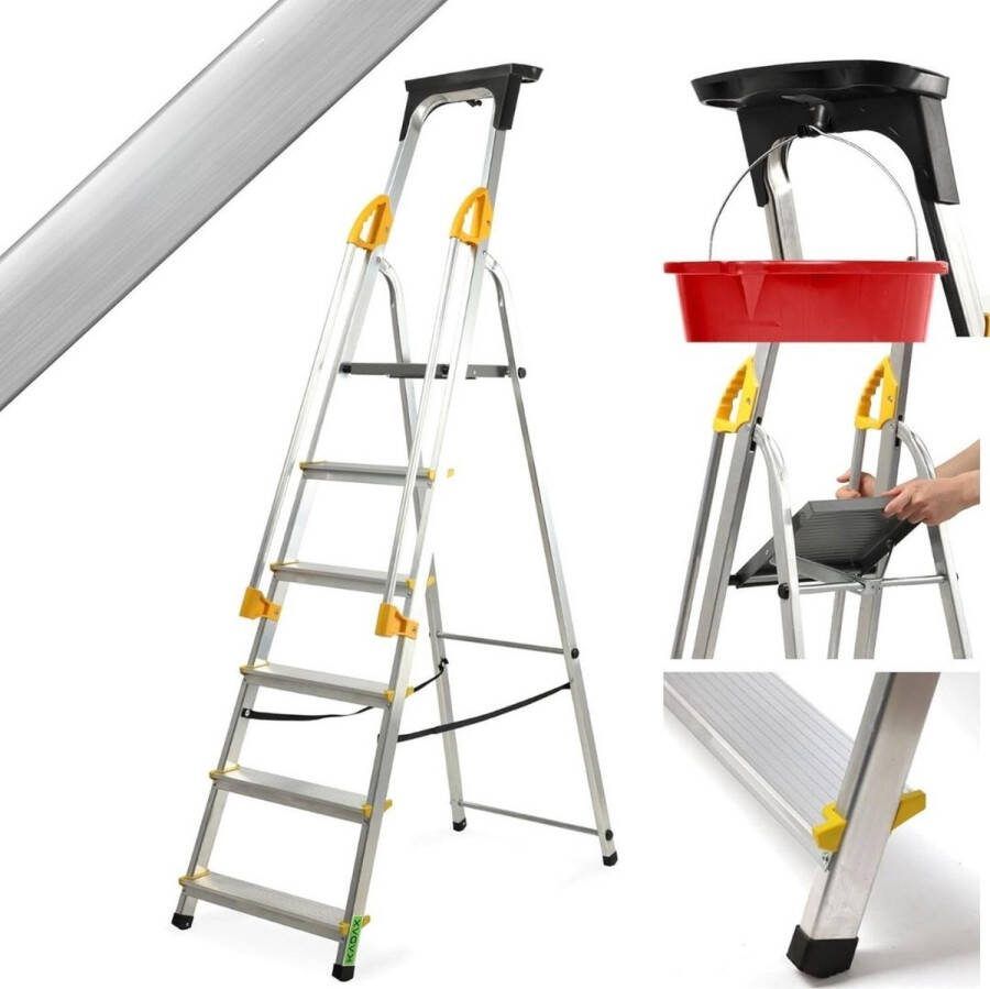 Huishoudtrap 6 Treden Keukentrapje Basic Anti-Slip Keukentrap Inklapbaar – Trapladder Met Leuning Opstapje – Vouwladder – Ladders – Keukentrap Aluminium