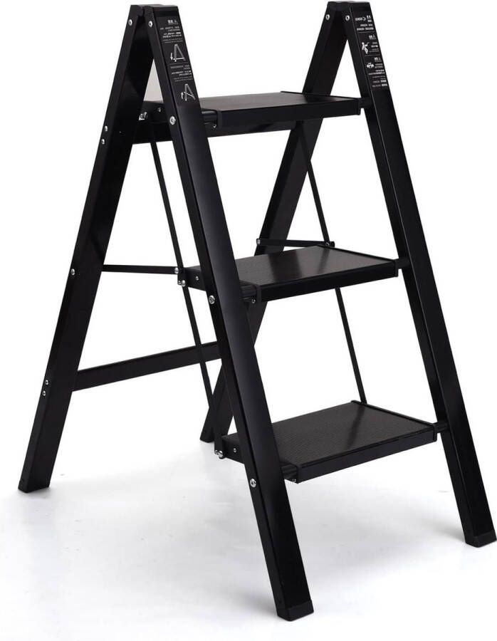 Huishoudtrap draagbare aluminium trapladder anti-slip pedaal zwart- 3 stappen met 330 lbs capaciteit