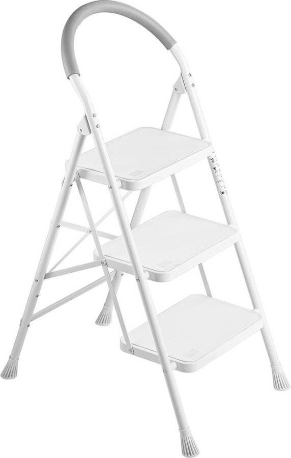 Huishoudtrap inklapbaar Trapladder 3 treden met leuning Stabiele antislip treden Draagbare vouwladder Belastbaar tot 200 kg Wit